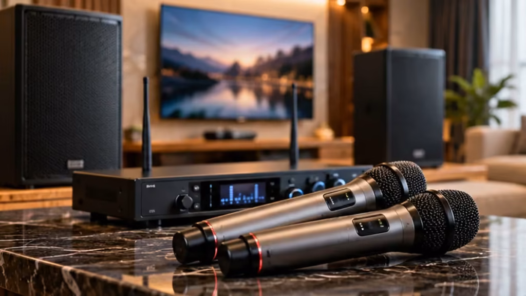 Bộ micro không dây và đầu thu trên bàn trong phòng karaoke gia đình