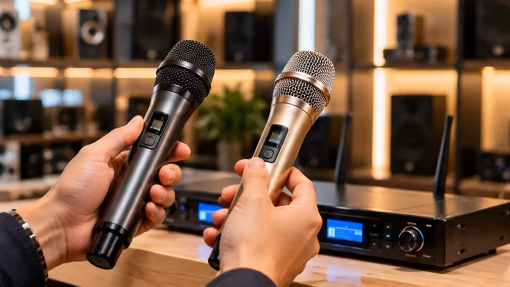 Cầm thử hai mẫu micro không dây khác nhau để chọn micro phù hợp