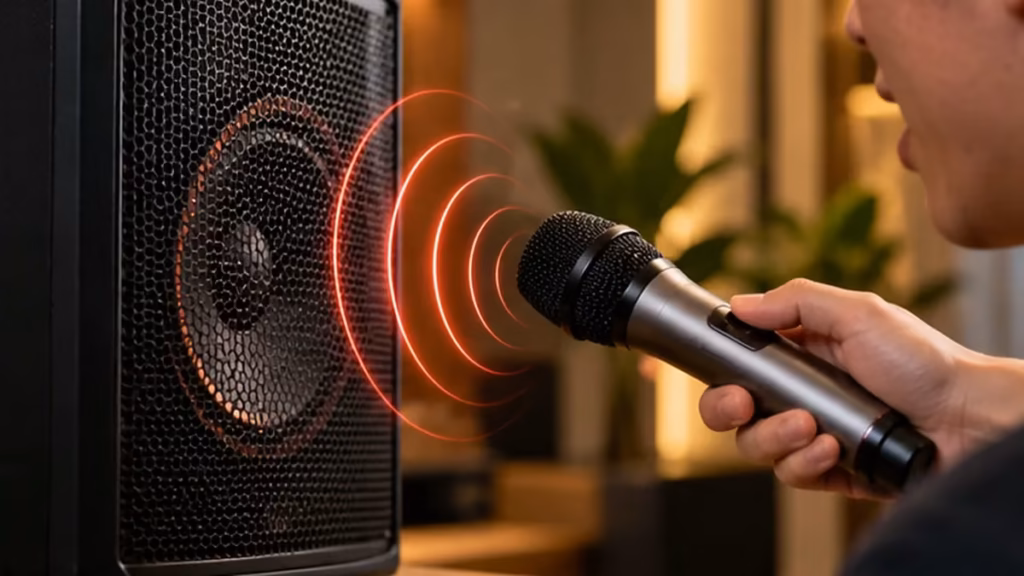 Minh họa tình huống micro karaoke hướng gần loa gây hú rít