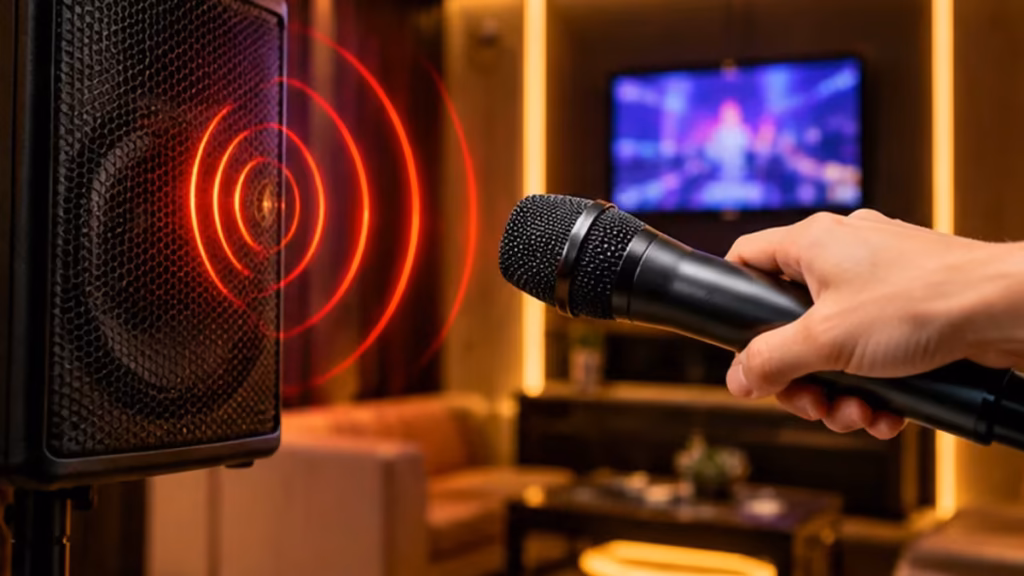 Micro hướng vào loa phát nhạc làm tăng nguy cơ hú rít