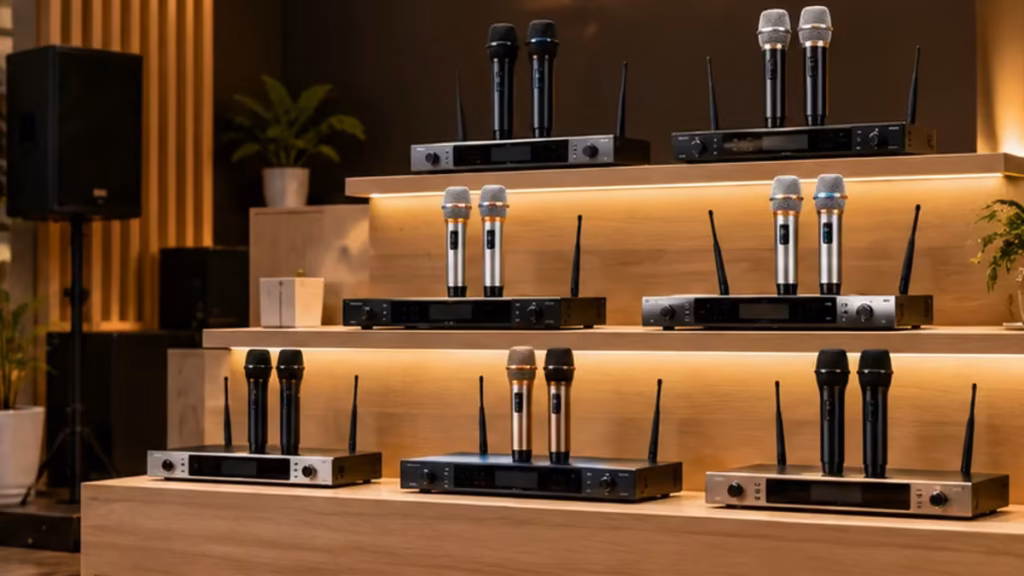Kệ trưng bày nhiều bộ micro không dây tại showroom thiết bị âm thanh