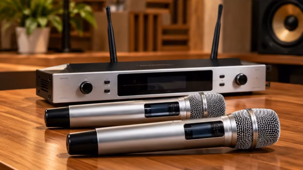 Hình minh họa micro không dây màu bạc cùng đầu thu khi tìm hiểu Dapro K-6000