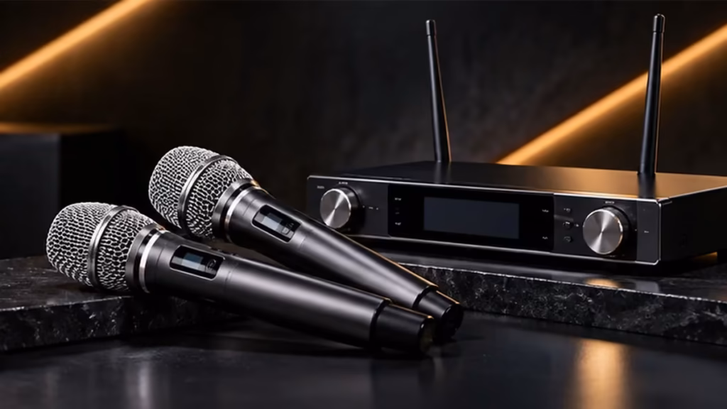 Hình minh họa bộ micro không dây màu đen trong bài đánh giá Dapro K9900