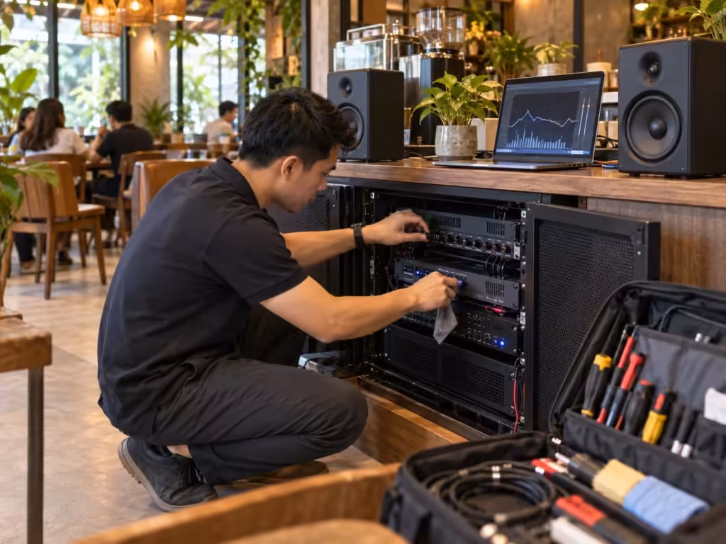 Kỹ thuật viên minh họa quy trình: Dịch vụ bảo dưỡng và setup lại hệ thống âm thanh quán cà phê - Thành Digital Store