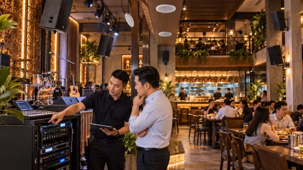 Hình minh họa: Dịch vụ bảo dưỡng và tối ưu âm thanh cho nhà hàng, quán beer - Thành Digital Store