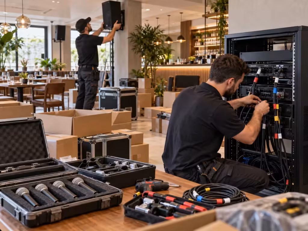 Kỹ thuật viên minh họa quy trình: Dịch vụ tháo lắp, di dời và setup lại hệ thống âm thanh khi chuyển quán sang địa điểm mới - Thành Digital Store