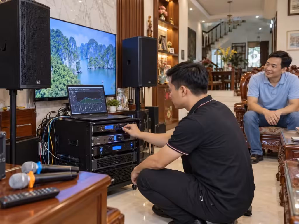Kỹ thuật viên minh họa quy trình: Dịch vụ nâng cấp và setup lại dàn karaoke tại nhà ở miền Bắc - Thành Digital Store