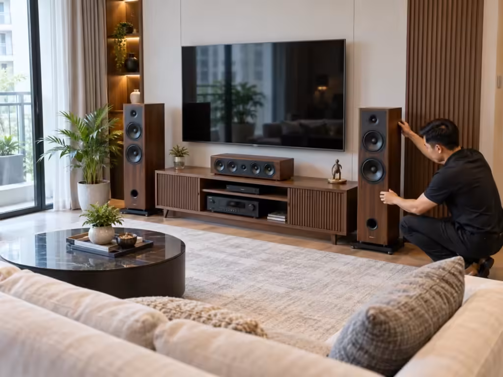 Kỹ thuật viên minh họa quy trình: Setup âm thanh phòng khách chung cư, nhà phố, biệt thự tại miền Bắc - Thành Digital Store
