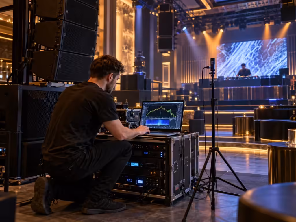 Kỹ thuật viên minh họa quy trình: Dịch vụ setup lại âm thanh cho club, lounge và beer club chuyên nghiệp - Thành Digital Store