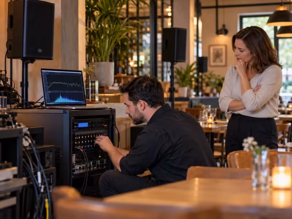 Kỹ thuật viên minh họa quy trình: Dịch vụ setup lại hệ thống âm thanh đã mua ở nơi khác nhưng sử dụng không ưng ý - Thành Digital Store