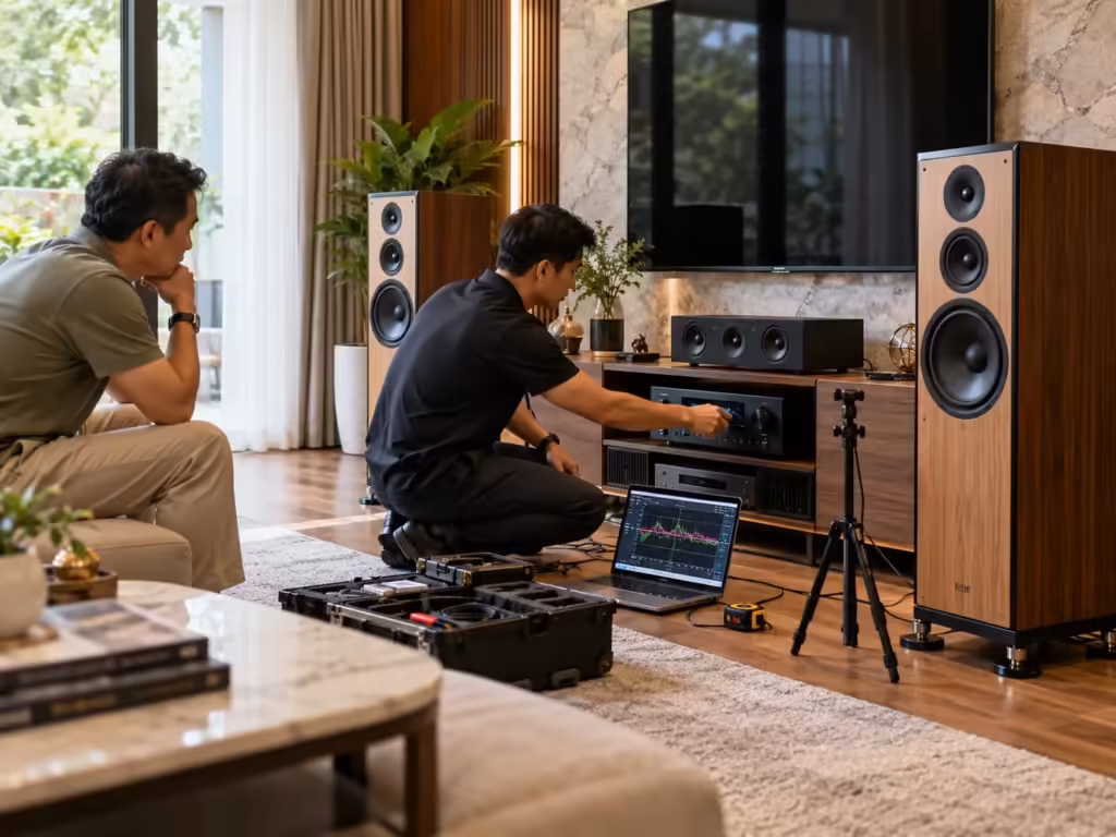 Kỹ thuật viên minh họa quy trình: Mua dàn karaoke ở cửa hàng khác nhưng hát chưa hay? Dịch vụ setup lại tại nhà - Thành Digital Store