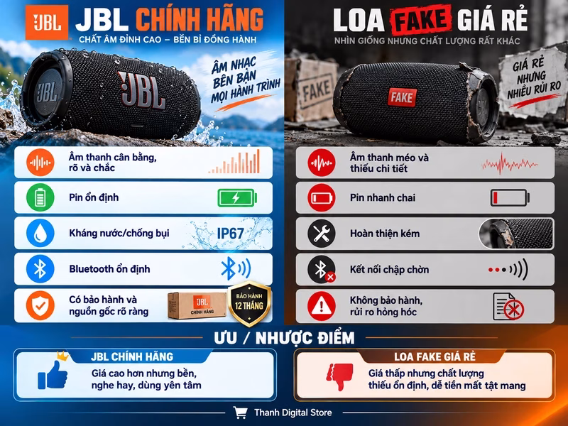 So sánh JBL chính hãng và loa fake giá rẻ về âm thanh, pin, độ bền và bảo hành