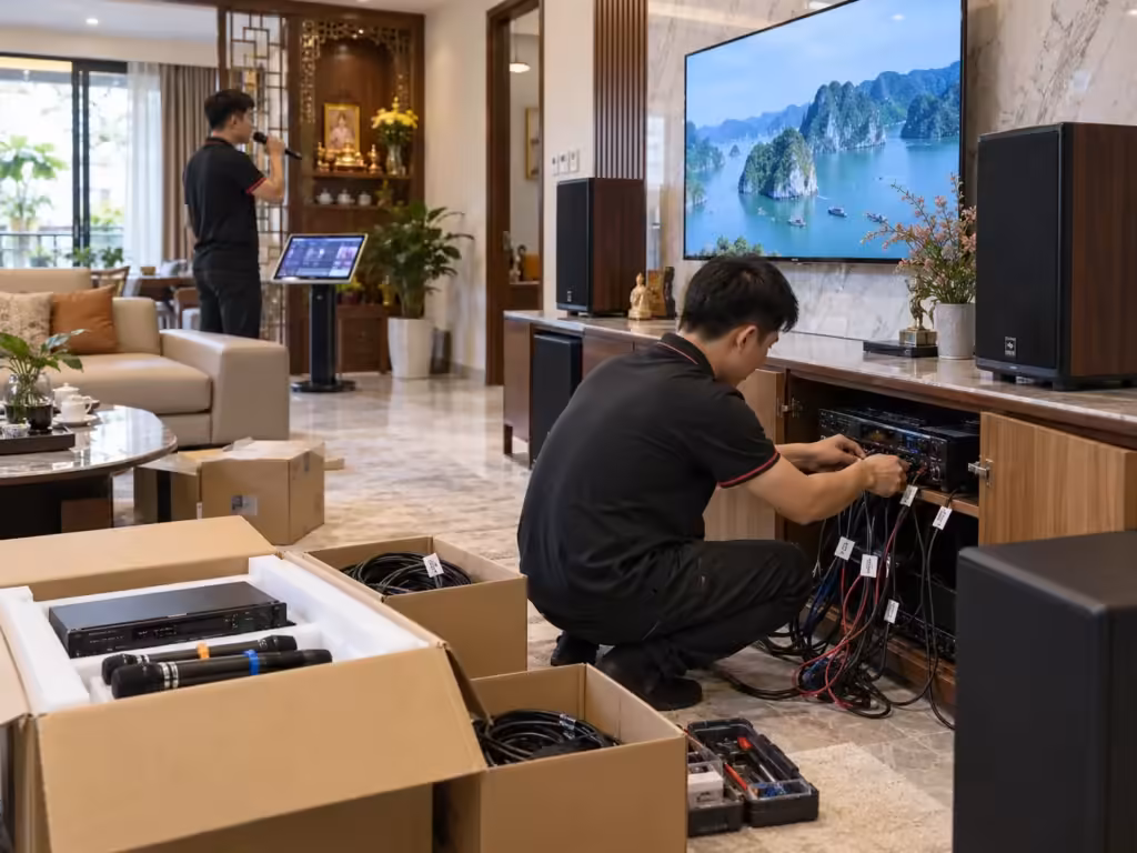 Kỹ thuật viên minh họa quy trình: Chuyển nhà, chuyển căn hộ: dịch vụ tháo lắp và setup lại âm thanh chuyên nghiệp - Thành Digital Store